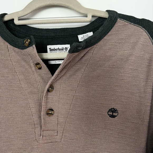 Timberland Men’s Green Tan Henley Slim Fit Waffle Knit Thermal Shirt Size Medium - Picture 3 of 9